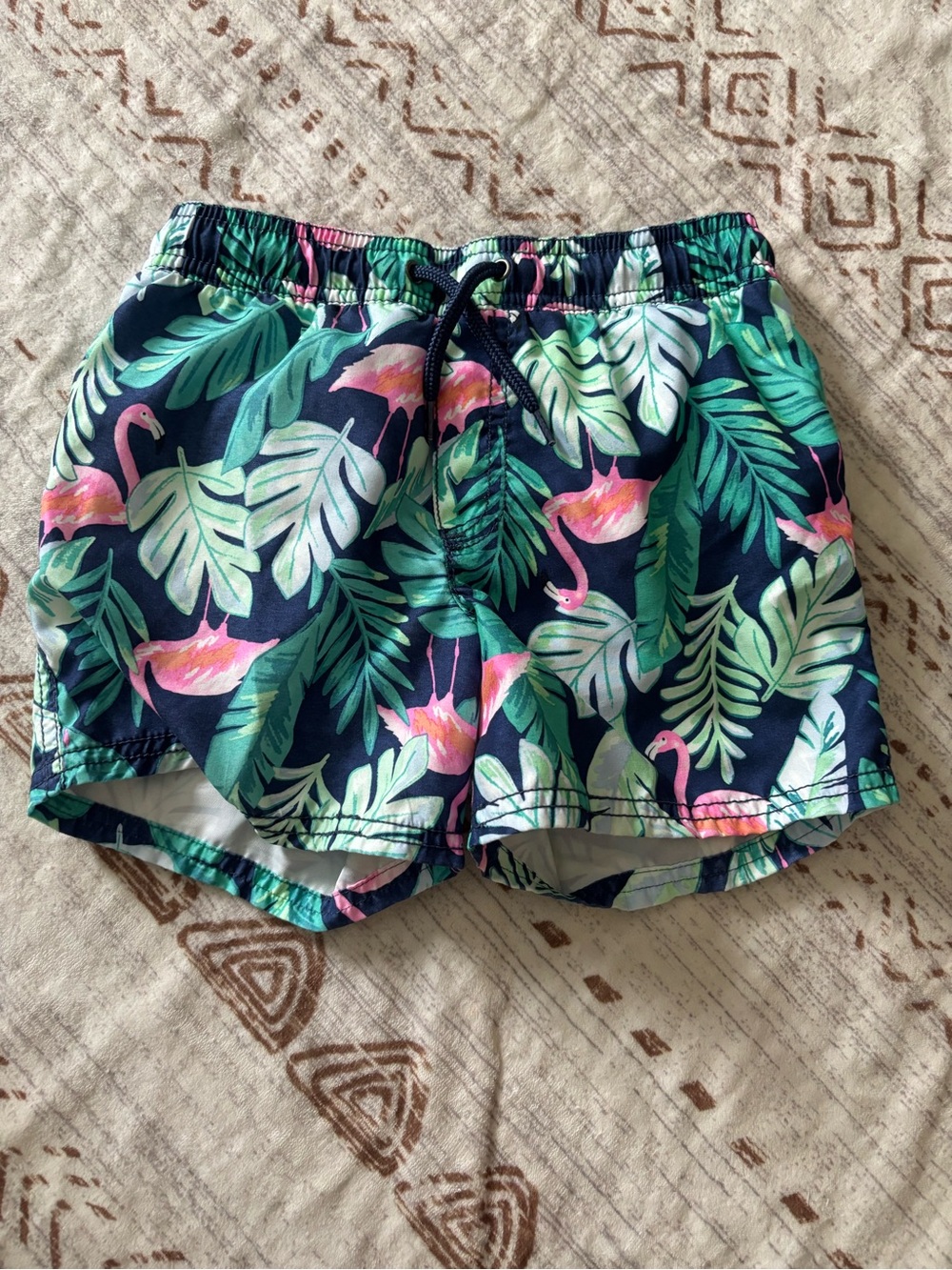 Boys’ Tropical Flamingo Print Swim Shorts - Navy with Pink & Green